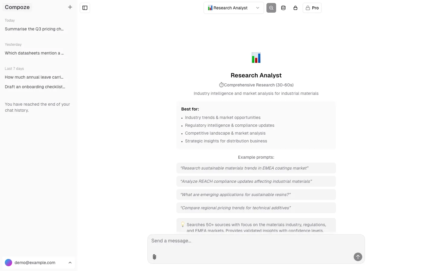 Compoze chat in its empty state, showing the selected agent, four example prompts and the list of tools it can use.