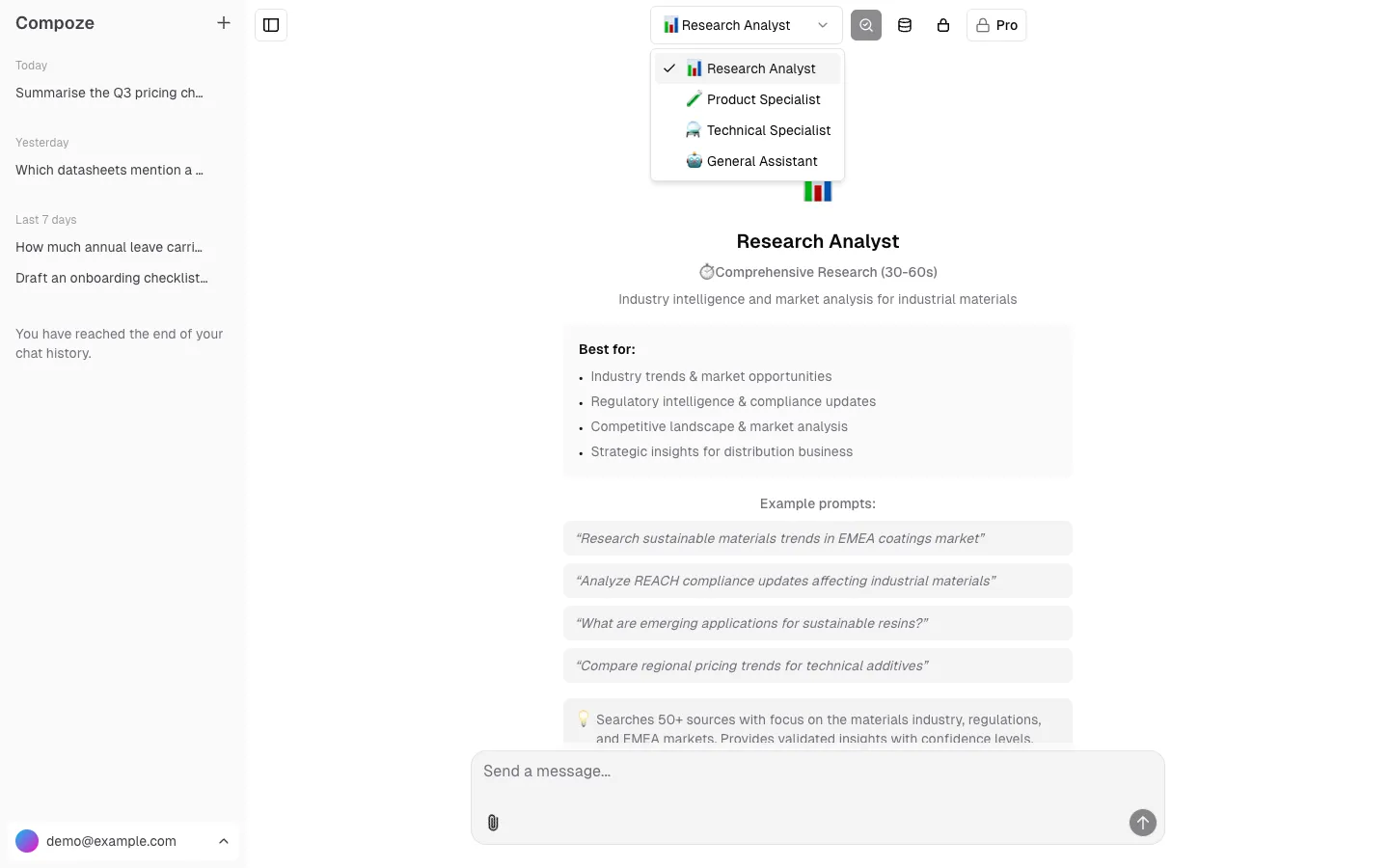 The Compoze agent picker showing four domain agents, each with a short description.